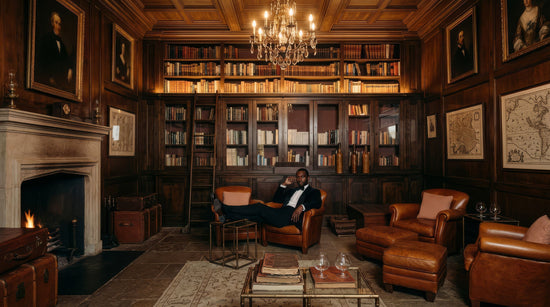 Vyudu Skin men's skincare lifestyle - distinguished home library setting representing builders, leaders, fathers and athletes who deserve effective skincare